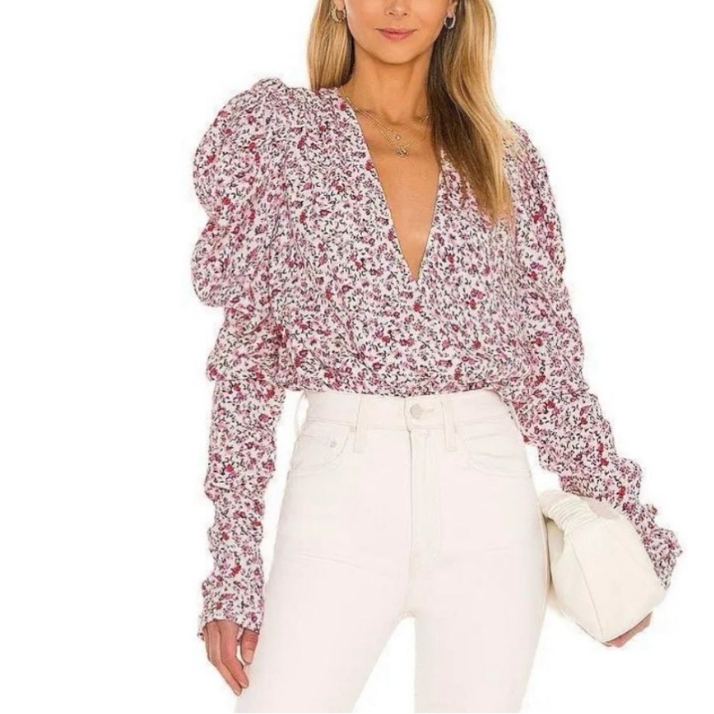 AFRM x Revolve Danna Puff Sleeve Bodysuit Size M Blanc Purple Ditsy
